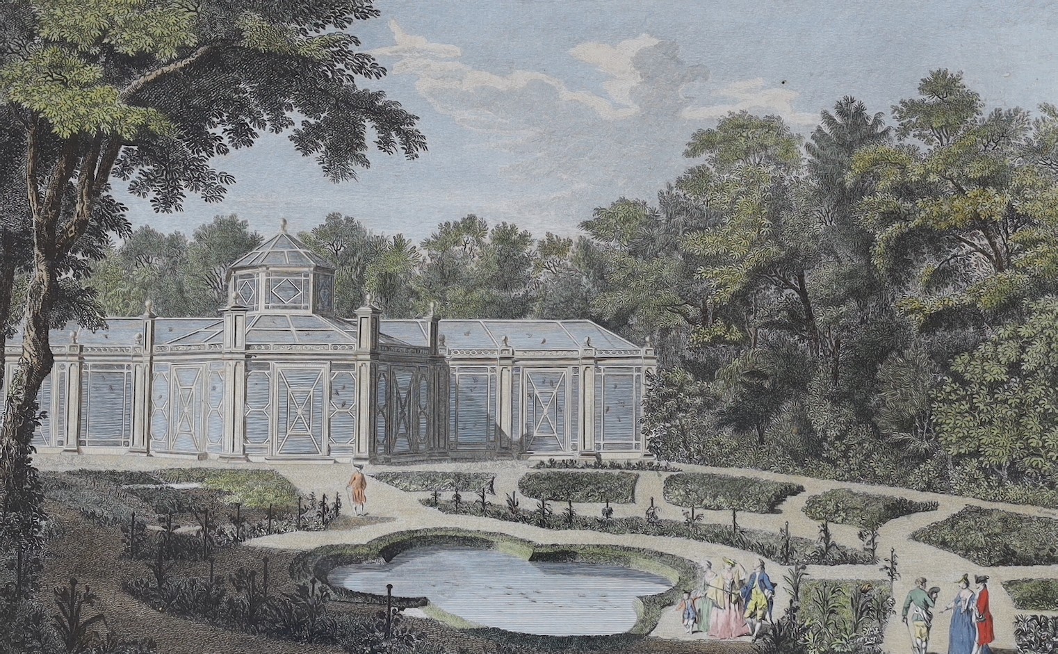After Charles Grignion (1721-1810), two hand coloured engravings, A View of The Aviary and Parterre in the Royal Gardens at Kew and View of the Menagerie and it's Pavilion in The Royal Gardens at Kew, overall 34 x 49cm